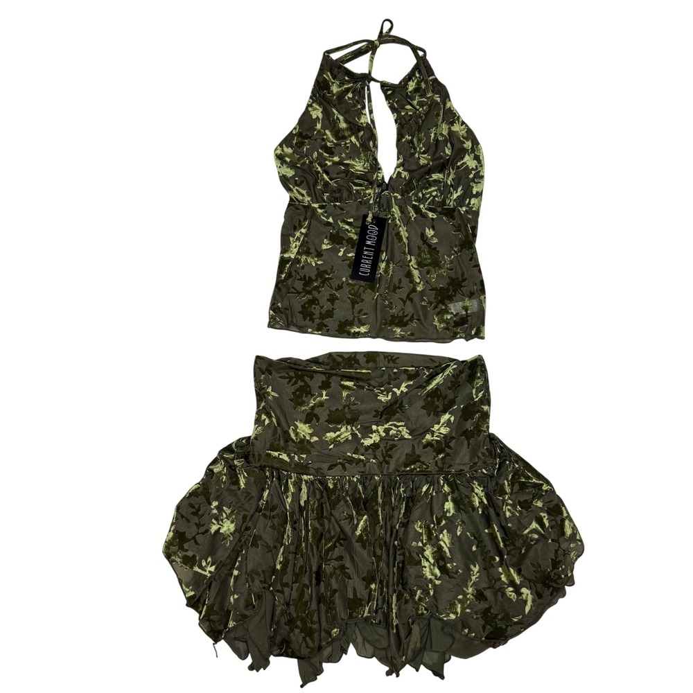 Current Mood Fern Velvet Halter Top Mini Skirt Set Green M NWT Dolls Kill